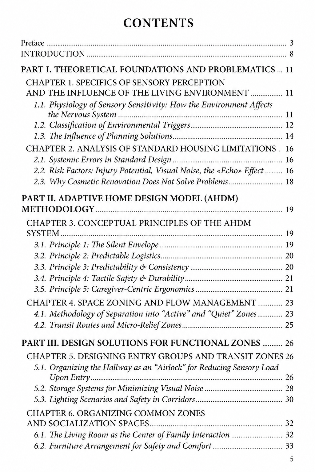 Contents page of AHDM listing chapters and sections